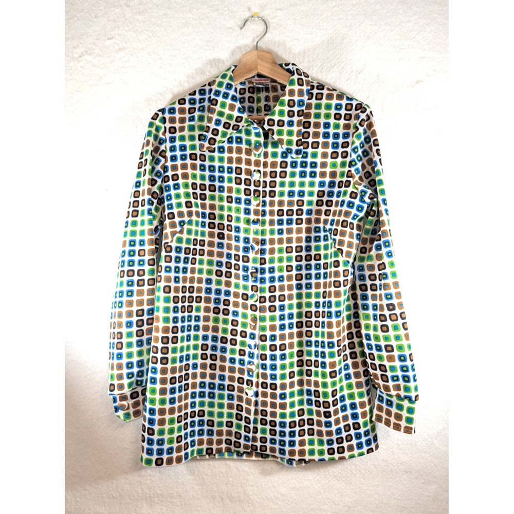 Vintage Collared Groovy Geometric Blouse size M 70s Retro Office Mod